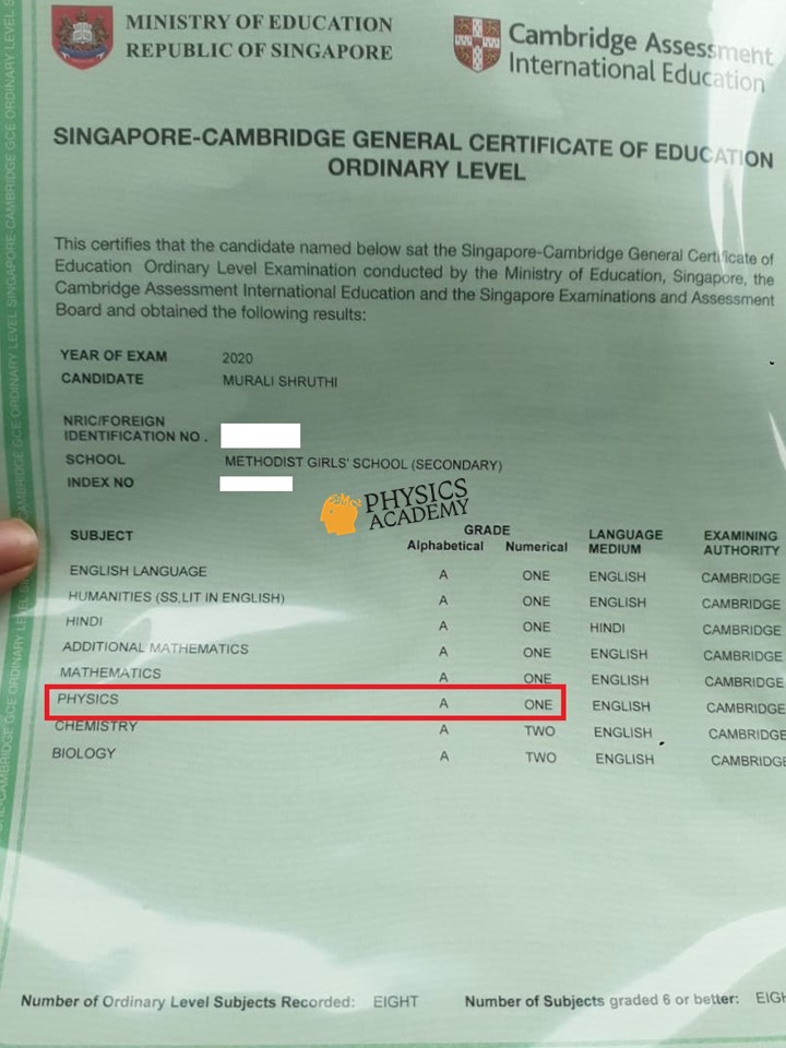 O Level Physics Tuition Singapore 2020 Results 3