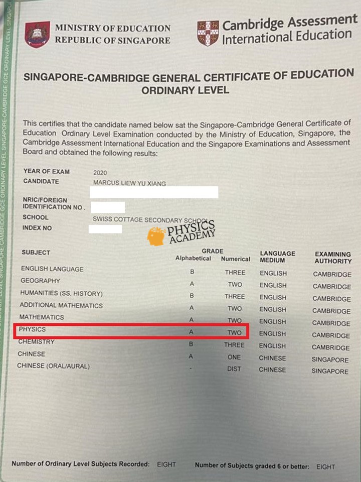 O Level Physics Tuition Singapore 2020 Results 5