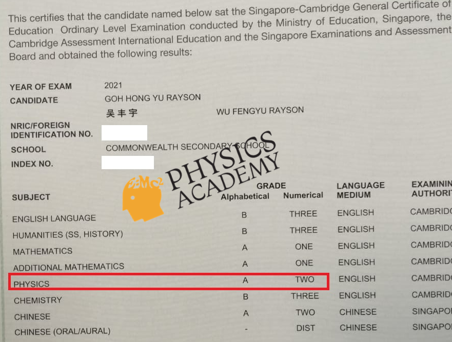 O Level Physics Tuition Singapore 2021 Results 2