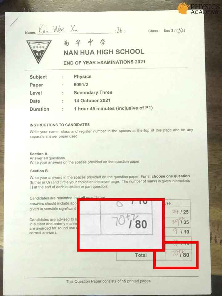 Secondary 3 Physics Tuition Results 1