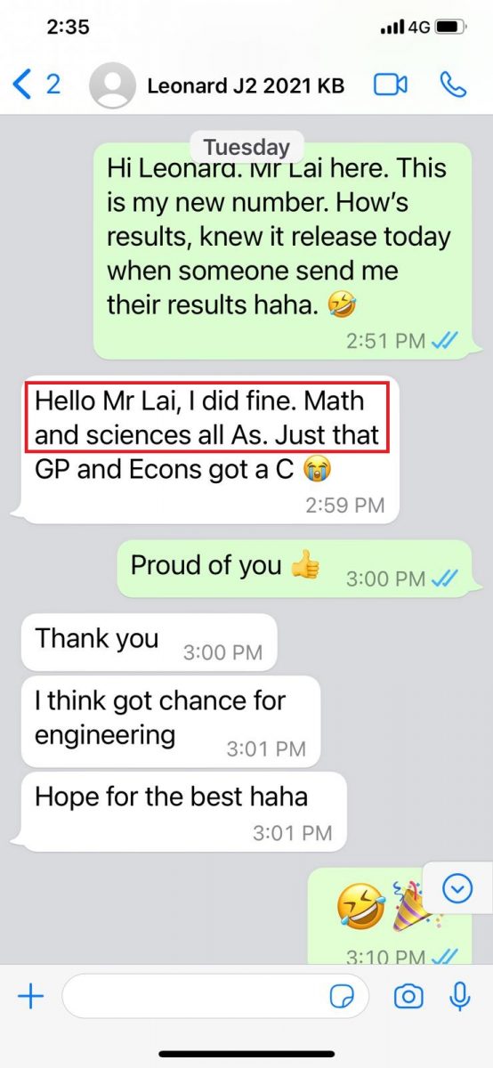 Singapore A Level Physics Tuition 2021 Testimonial 15