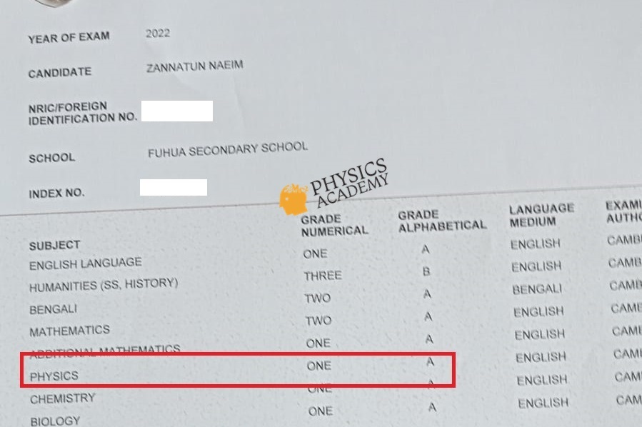 A Level Physics Tuition Singapore 2021 Results 9
