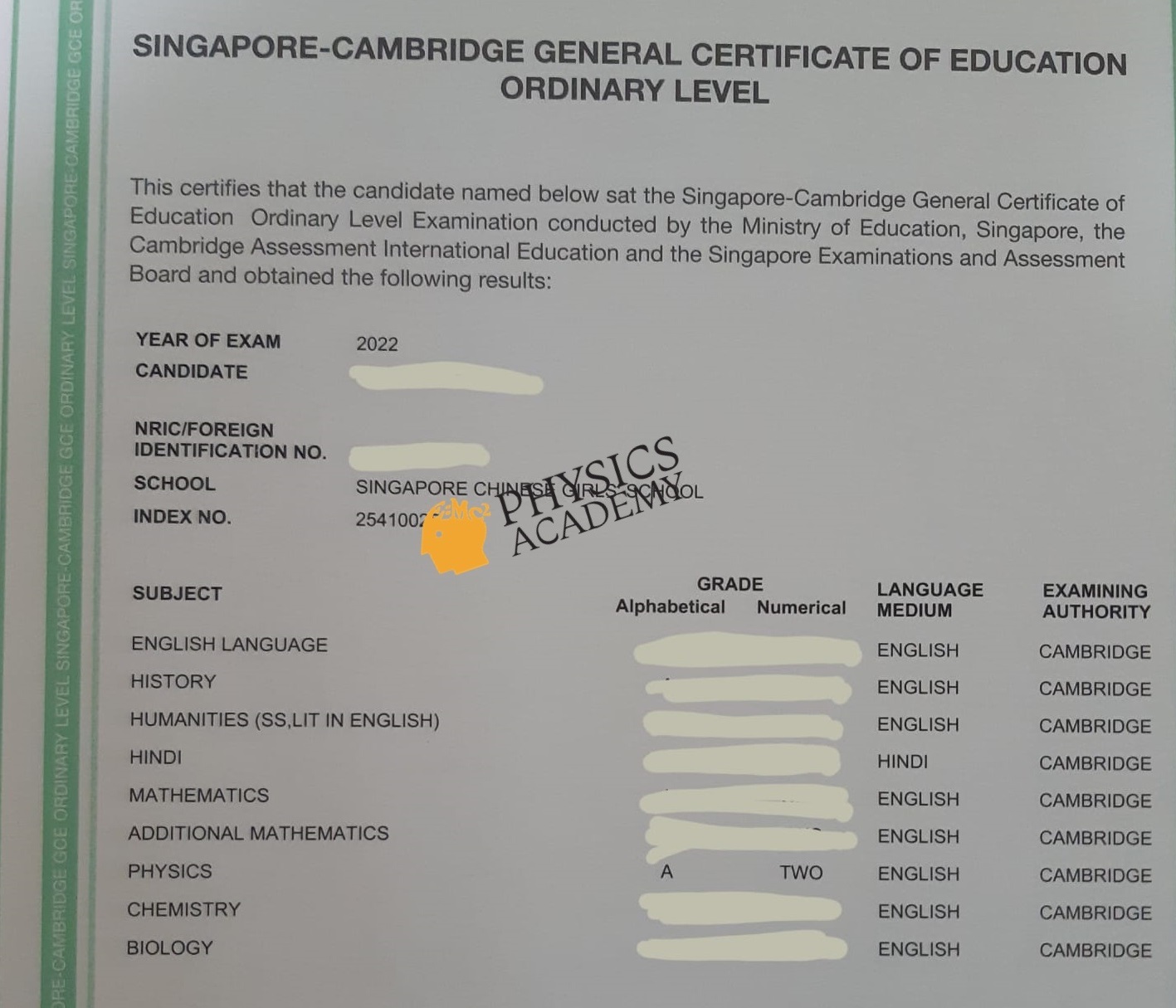 A Level Physics Tuition Singapore 2021 Results 10