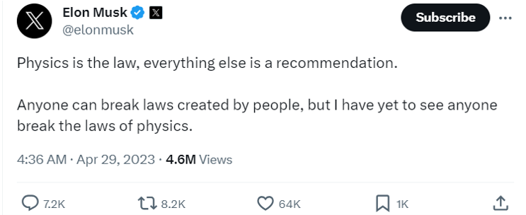 Elon Musk twitter-Physics is the law