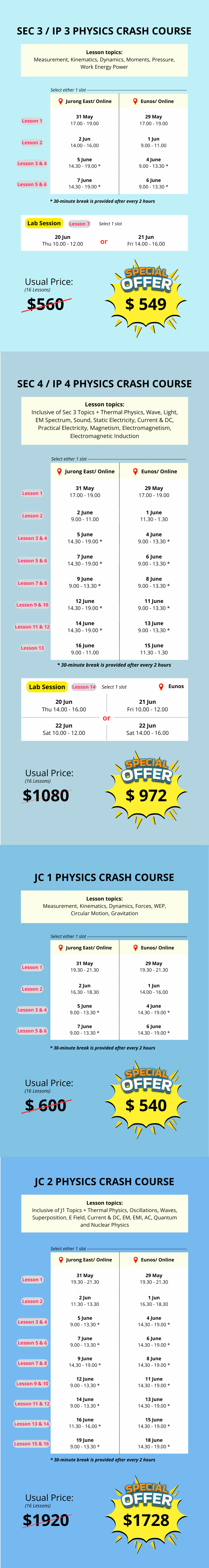 Physics June Crash Course schedule 2024 - Sec 3, Sec 4, J1, J2