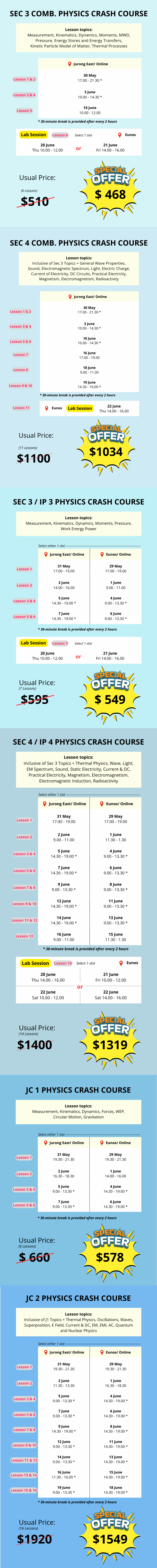 Physics June Crash Course schedule 2024 - Sec 3, Sec 4, J1, J2