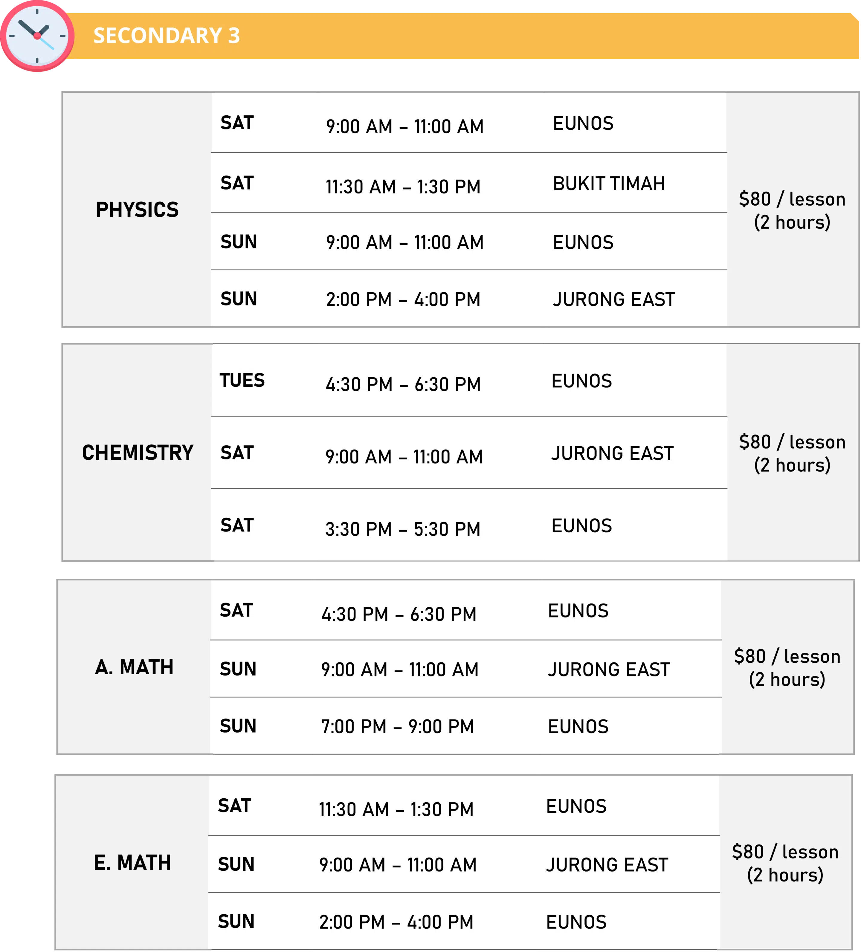 Physics Academy 2024 Secondary 3 Class Schedule