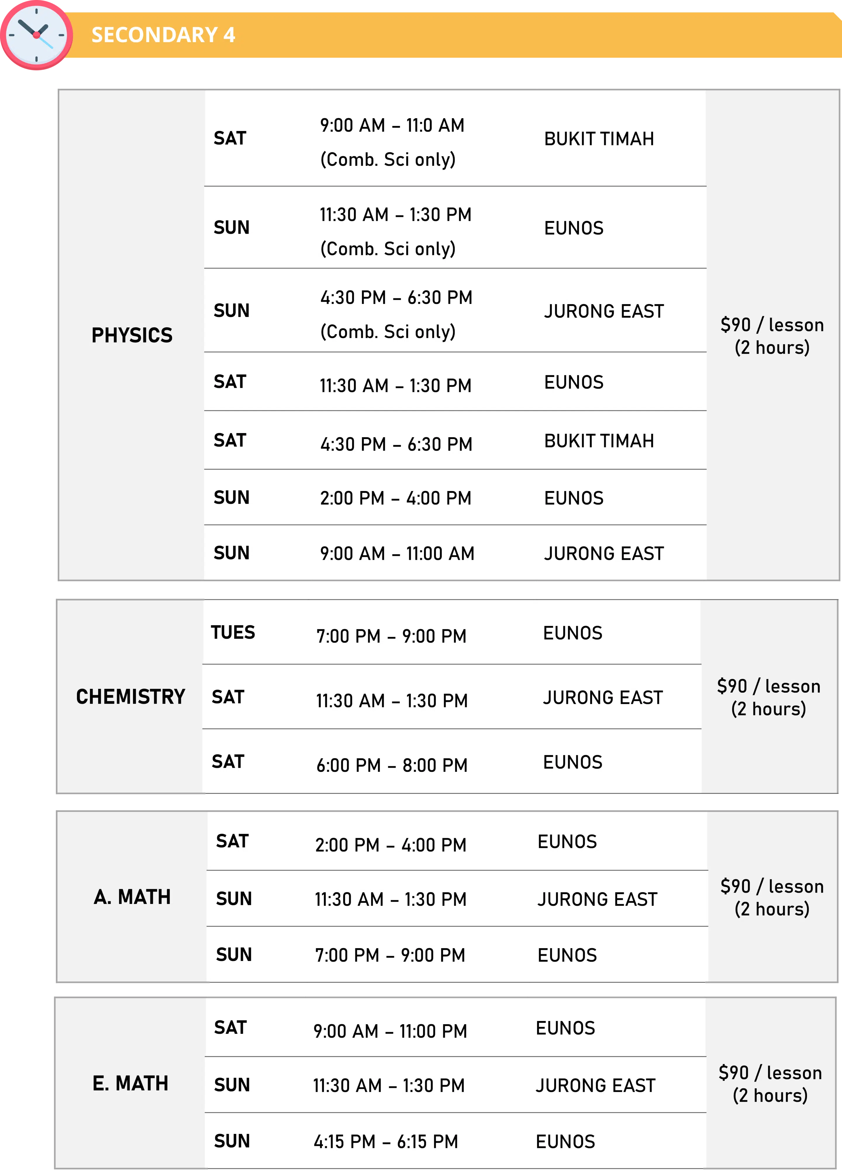 Physics Academy 2024 Secondary 4 Class Schedules
