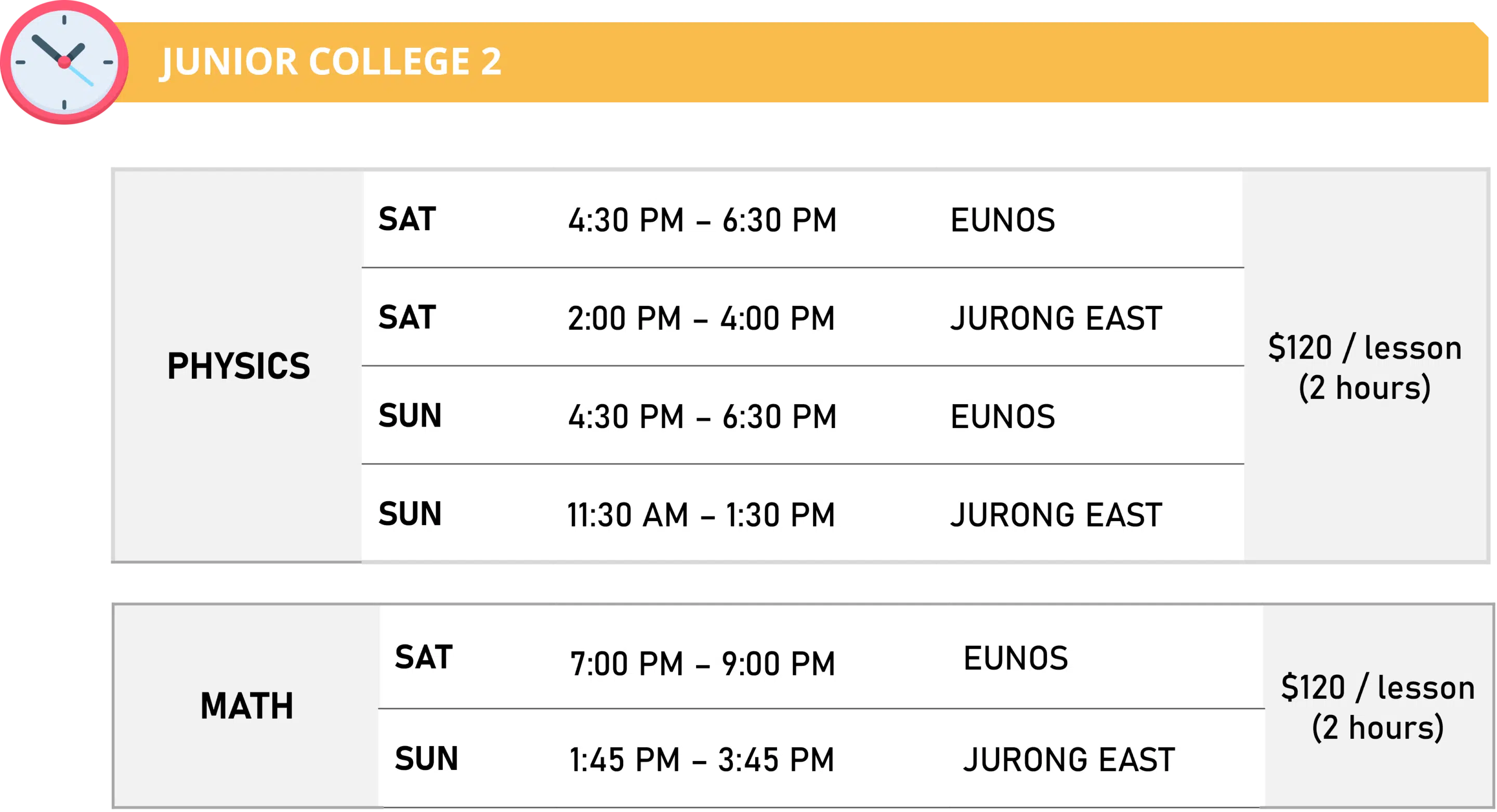 Physics Academy 2024 JC2 Class Schedudle