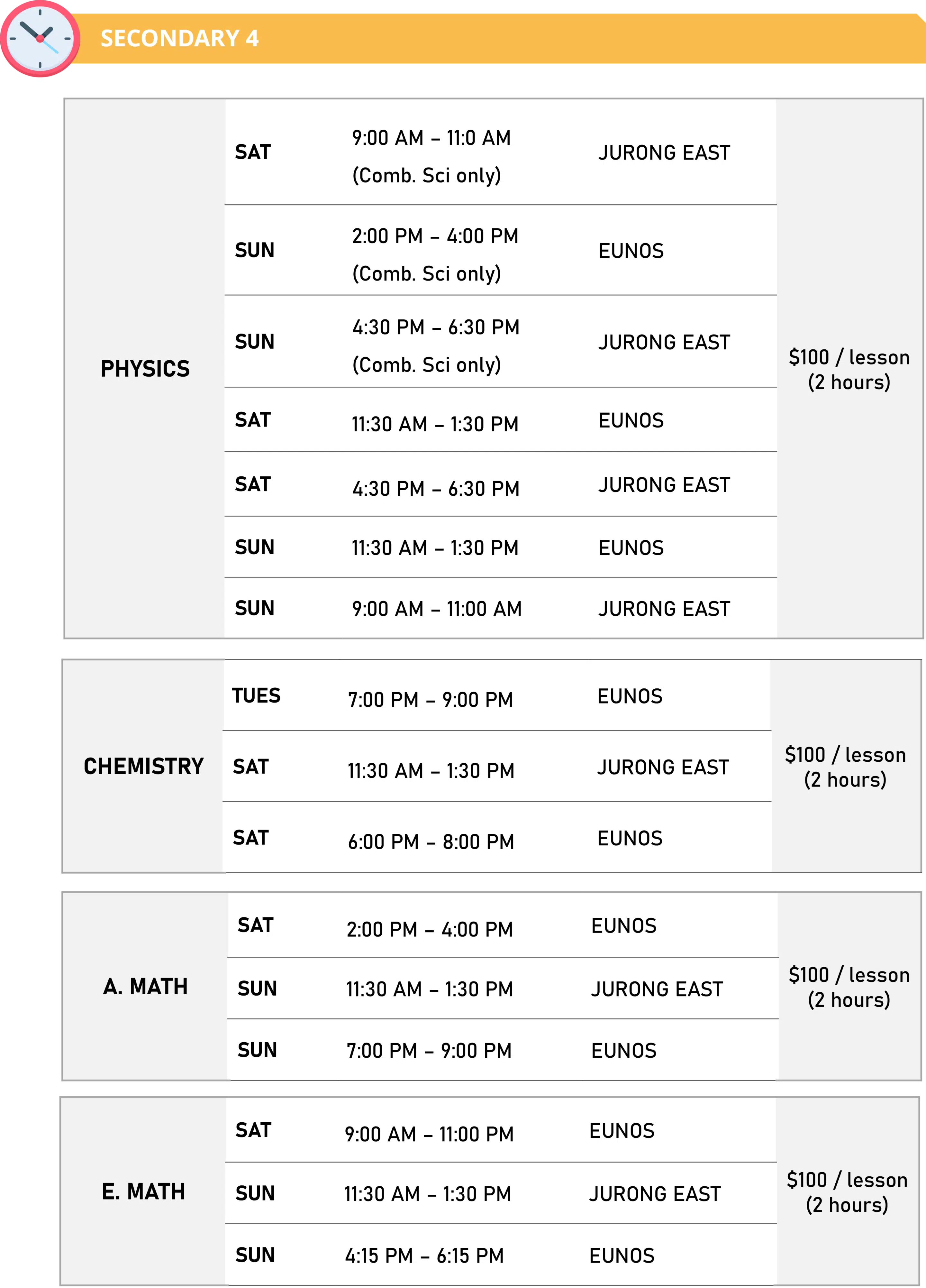 Physics Academy 2024 Secondary 4 Class Schedules